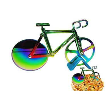 Imagem de WONCHIEF Roda de cortador de pizza para bicicleta multicolorida, rodas de corte duplo de aço inoxidável folheado a titânio fatiador de pizza com um suporte. Presente para amantes de pizza ou amantes de bicicletas
