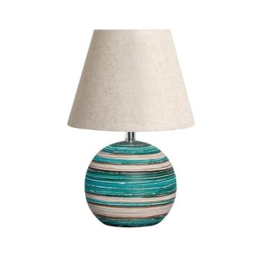 Imagem de Abajur Bola Em Cerâmica Cúpula De Tecido Azul e Palha Marrakesh