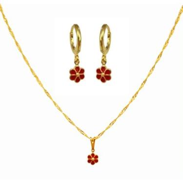 Imagem de Conjunto Infantil Colar Brinco Flor Margarida Vermelha Resinada Folheado Ouro 18k Antialérgico