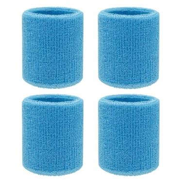 Imagem de Pacote com 4 faixas de suor de 7,6 cm de pulso de tênis absorventes para homens e mulheres - pulseiras elásticas atléticas para tênis, basquete, corrida, malhação (azul)