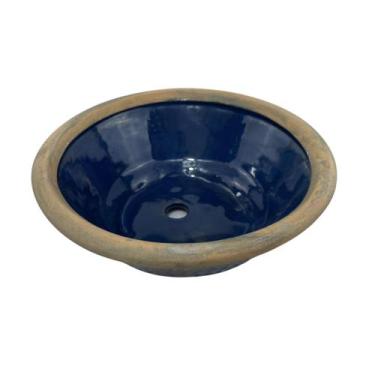 Imagem de Vaso Cerâmica Vintage Azul Com Detalhes Marrom Oriental Para Suculenta