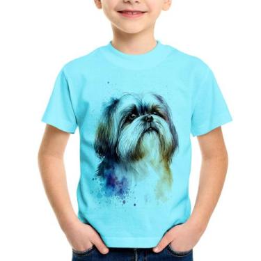 Imagem de Camiseta Infantil Cachorro Shih Tzu Watercolor - Foca na Moda, Azul cl