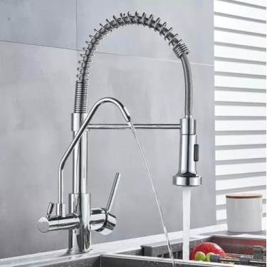 Imagem de Torneira de cozinha cromada com filtro rotativo, dispositivo de água pura, misturador de água quente e fria, torneira de cozinha com mola, instalação de deck, cromada A