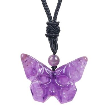 Imagem de Loveliome Pingente de caveira borboleta com pedras de cristal natural, cordão preto ajustável, gótico, esculpido à mão, Ametista, Sem Pedra Preciosa