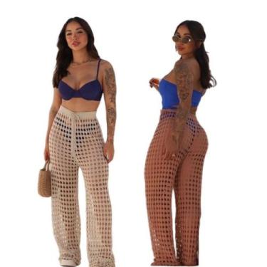 Imagem de Kit 2 Calças Saída de Praia e PiscinaTricô Ponto Croche Moda Verão - M