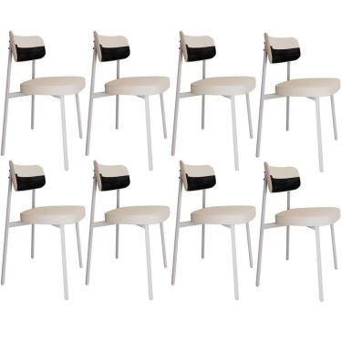 Imagem de Kit 08 Cadeiras Estofada Para Sala De Jantar Astrid Branco C01 Linho Palha Courino Preto - Lyam Decor