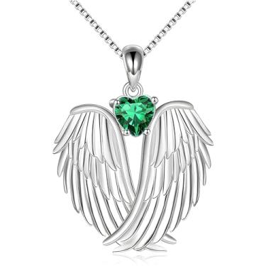 Imagem de Dtexhif Colar de asas de anjo, banhado a prata, pingente de asas de anjo da guarda, colar de pedra do mês de nascimento para mulheres, Moderate type, Metal, Sem Pedra Preciosa