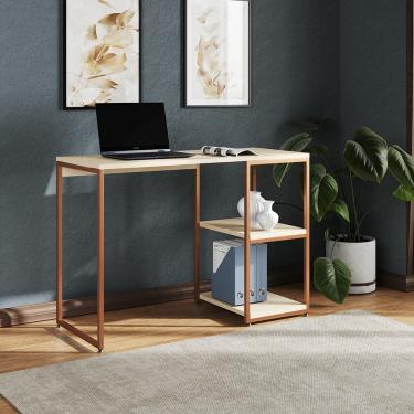 Imagem de Mesa Escritório Berlim Industrial com Prateleira Ferro Cobre Tampo 110x46 Off White