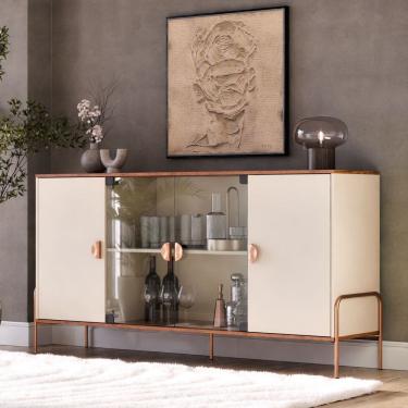 Imagem de Aparador Buffet Sala Esmeralda 160cm Com Portas de Vidro OffWhite com Freijó - Rede Móveis