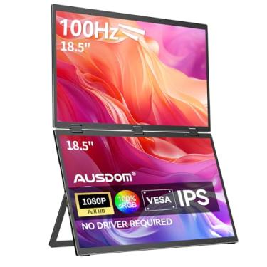 Imagem de AUSDOM Monitor Portátil De Tela Dupla 18,5", 100 Hz, 1080P, Grande Externa Dobrável Empilhável Para Laptop, Extensor Viagem, Computador Móvel Duplo Win/Mac, Preto
