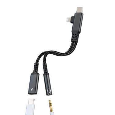 Imagem de Adaptador USB C Lightning para carregador de fone de ouvido de 3,5 mm (2 em 1) Cabo de áudio AUX tipo C Dongle para iPhone 16 15 14 Pro Max para divisor de fone de ouvido Apple compatível com Samsung