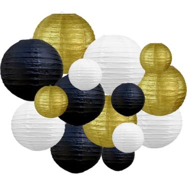 Imagem de Lanternas de papel douradas decorativas chinesas/japonesas penduradas em papel redondas
