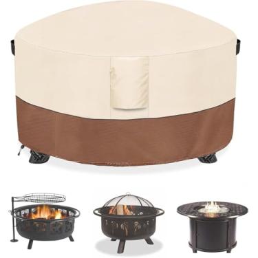 Imagem de Dalema Capa para fogueira, resistente ao ar livre 600D 100% à prova d'água, cobertura redonda, para fogueira à prova de intempéries 137 cm de diâmetro x 61 cm A, bege e marrom