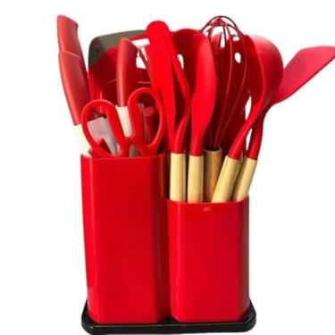 Imagem de Colher De Silicone Para Cozinha - Kit Com 19 PeçAs De UtensíLios De Cozinha Em Silicone Antiaderente, Inclui EspáTula, Concha E Pegador (Vermelho)