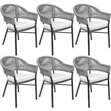 Imagem de Kit 06 Cadeiras Decorativas Área Gourmet Base Grafite Corda Náutica Medan R01 Chumbo - Lyam Decor