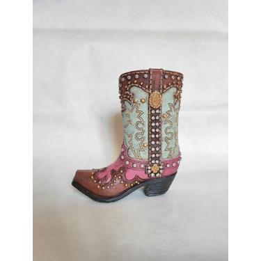 Imagem de Eagrafts Porta-lápis rústico decorativo para bota caubói ocidental, suporte para caneta, vaso para decoração de escritório (turquesa e rosa com tachas de strass)