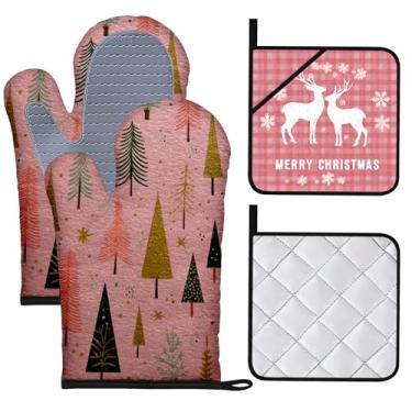 Imagem de BVBOX Conjunto de 4 luvas de forno e pegadores de panela de Natal resistentes ao calor com superfície de silicone antiderrapante para cozinha, cozinhar, assar grelhar (Natal rosa, conjunto com 4)
