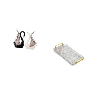 Imagem de Fenteer Escultura de Cerâmica de Cisne, Ornamento de Mesa para Prateleira, Aniversário, Lareira, Prato de Sobremesa, Mesa de Centro, Bandeja com Alça, Bandeja