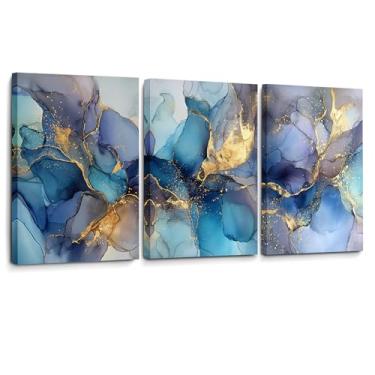 Imagem de Conjunto de 3 arte abstrata de parede | Impressões em tela de linha azul e dourada para estética de quarto | Arte tríptica moderna para sala de estar, escritório | Imagens de luxo para decoração de