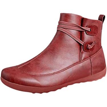 Imagem de Sapatos Botas de Inverno Botas de Tornozelo Couro Feminino Vintage Redondo Impermeável, Vermelho, 5.5