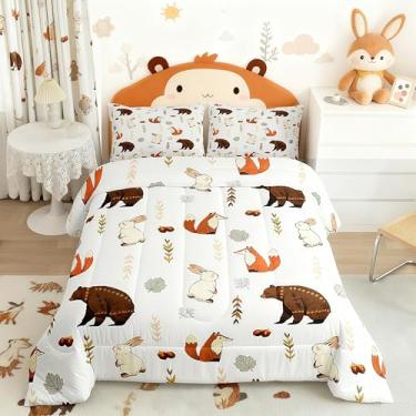 Imagem de Feelyou Jogo de cama solteiro com estampa de animal da selva, urso, cabana, coelho, raposa, animal, safári, africano, microfibra branca, 2 peças com 1 fronha