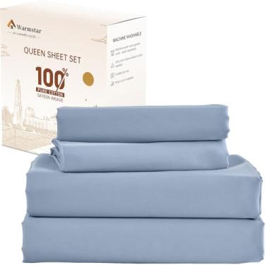 Imagem de Warmstar Jogo de lençol casal 100% algodão, 600 fios de cetim de algodão macio, bolso profundo, 4 peças, 1 lençol de cima, 1 lençol com elástico, 2 fronhas, azul jeans