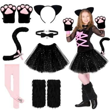 Imagem de Haull 8 peças de acessórios de fantasia de gatinho de Halloween para meninas e gatos, luvas de cauda de sino e gargantilha de sino, collants e mangas de panturrilha (preto e rosa, G)