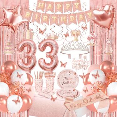 Imagem de Decorações de aniversário de 33 anos de ouro rosa, decorações de feliz 33º aniversário para mulheres e meninas, pacotes de festa de aniversário com faixa de ouro rosa, balões número 33, faixa, coroa