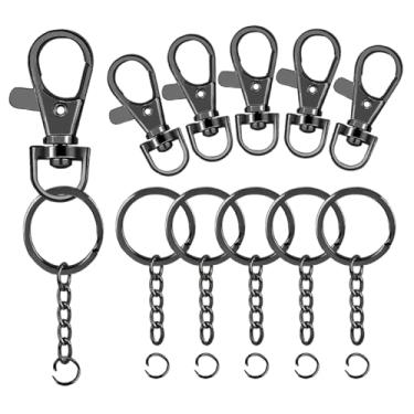 Imagem de 100 peças de ganchos de pressão e chaveiros com corrente e anéis de salto para chaveiro, acessórios de artesanato de joias DIY (50 ganchos giratórios + 50 chaveiros planos com correntes) (preto)