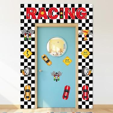 Imagem de WovWeave 3 peças de faixa de porta de carro de corrida decoração de aniversário de carro de corrida pano de fundo de caminhão suporte de cabine de foto adereços de porta para chá de bebê evento
