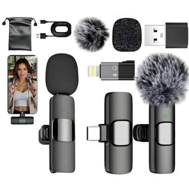 Imagem de Pacote com 2 microfones de lapela sem fio com cancelamento de ruído para iPhone e Android – Plug & Play, bateria 6H, compatibilidade USB-C e Lightning – Ideal para YouTube, TikTok, Podcast e gravação
