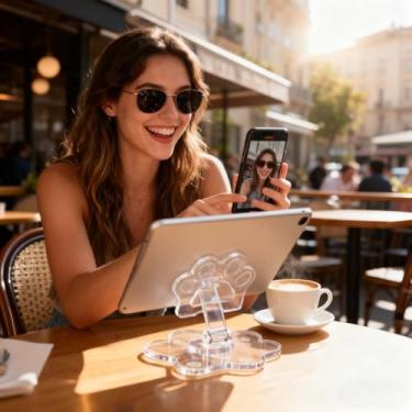 Imagem de Suporte para celular Pet Pata, suporte dobrável giratório de 360° para telefone e tablet - Suporte de mesa portátil ajustável de acrílico fofo para smartphones (laranja)