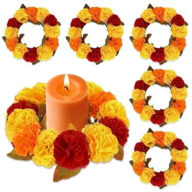 Imagem de 6 peças de mini anéis de vela de flor de calêndula artificial, guirlandas, suporte de pilar indiano, diwali, guirlanda Dia de Los Muertos, guirlanda amarela laranja para decoração de mesa de armários