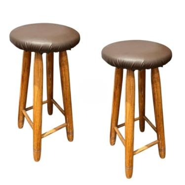 Imagem de Banco de Madeira Maciça 70cm | Banquinho Natural para Cozinha e Bar | Kit com 2 Unidades(ESTOFADO COM VERNIZ)