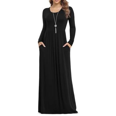 Imagem de VIISHOW Vestidos maxi femininos de manga comprida soltos e lisos, vestidos longos casuais com bolsos, 1 manga comprida preta, M