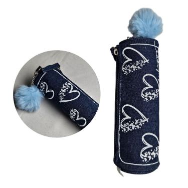 Imagem de Estojo Escolar Necessaire Azul Corações Pompom Casual Fofo Organizador Aula Lápis Caneta Material