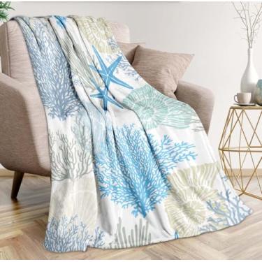 Imagem de Cobertor de praia costeira ultramacio aconchegante náutico decoração costeira cobertores de lã leve azul mar oceano arte cobertor de flanela para sofá sofá cama decoração de casa (127 cm C x 101 cm L