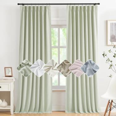 Imagem de Kayne Studio Cortinas blecaute completas plissadas verdes macias, cortinas à prova de som com isolamento térmico para escurecimento de ambiente de mistura de linho, cortinas de janela com aba traseira