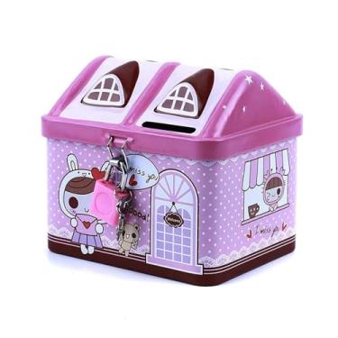 Imagem de Cofrinho cofrinho criativo cofrinho de metal em forma de casa caixa de armazenamento seguro para moedas caixa de armazenamento infantil economia de dinheiro fechadura chave de lata caixa de dinheiro