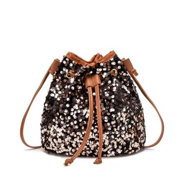 Imagem de WGKOMEGE Bolsa feminina com cordão de lantejoulas, bolsa de ombro brilhante com alça de corrente, Preto e marrom, Small