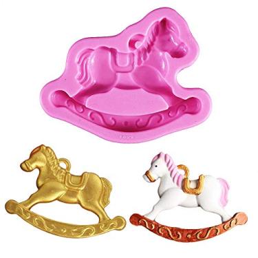 Imagem de Molde de bolos de cavalo balançante, cavalo de madeira em silicone molde de chocolate doce artesanato de açúcar faça você mesmo para chá de bebê, bolo, ferramenta de decoração de sabonete de molde de Paris