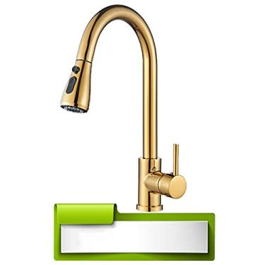 Imagem de Torneira de cozinha preta com furo único, bico retrátil para pia de cozinha, torneira misturadora, fluxo, rotação da cabeça do pulverizador, torneira misturadora de água quente e fria, ouro