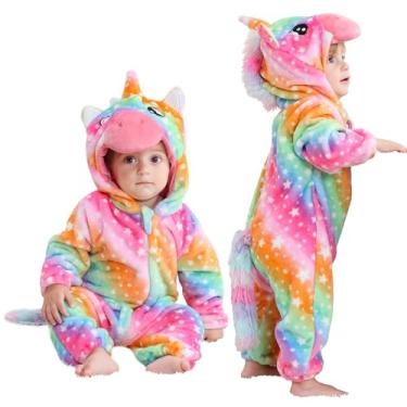Imagem de LOLANTA Fantasias de unicórnio, Halloween infantil, macacão com capuz de lã para crianças, body colorido fofo, vestidos chiques de Natal (arco-íris, 9-12 meses)