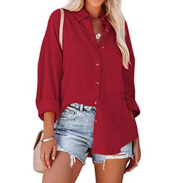Imagem de Camisetas femininas lisas com botões e punhos enrolados com bolsos, Vinho tinto, P