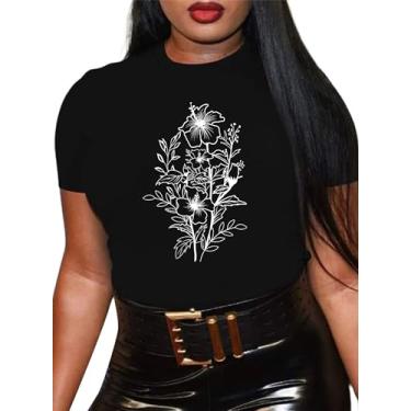 Imagem de Hilinker Camiseta feminina divertida e divertida com estampa de letras, casual, solta, verão, Flor de hibisco preta, GG