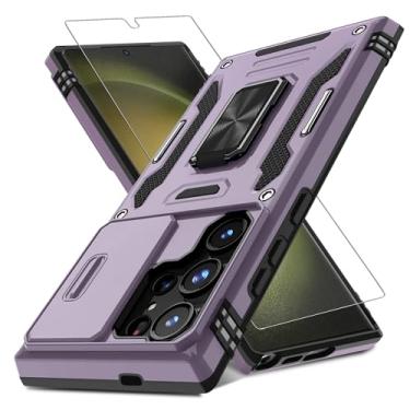 Imagem de DEERLAMN Capa para Samsung Galaxy S24 Ultra com capa de câmera deslizante + protetor de tela (1 unidade), suporte de anel giratório capa protetora de grau militar à prova de choque - roxo profundo