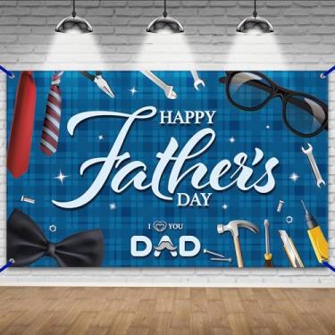 Imagem de Banner Big Happy Fathers Day - 182 x 113 cm | Faixas xadrez para dia dos pais para festa | Decorações de feliz dia dos pais | Banner do feliz dia dos pais, decorações de festa do dia dos pais | Placa de feliz dia dos pais