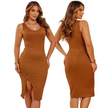 Imagem de Vestido Malha Ribana Feminino Fenda Lateral Com Botões  Elastinho com 