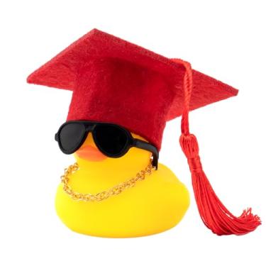Imagem de wonuu Car Dashboard Decorations Colorful Graduation Hat Rubber Ducks, Rubber Ducky for Car Ornament Cute Duck with Hat, Necklace, Glasses, for Bachelor, Graduates, Master, Doctor, Ph.D, Red