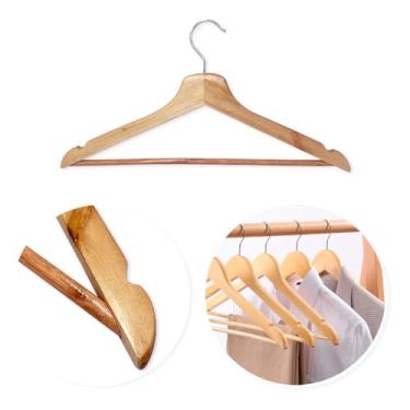 Imagem de Kit 6 Cabides de Madeira Adulto 360° Para Roupas em Geral, Calças, Terno, Calça Jeans, Roupas Pesadas, Cor Madeira Envernizada, Reforçado, Qualidade Premium.